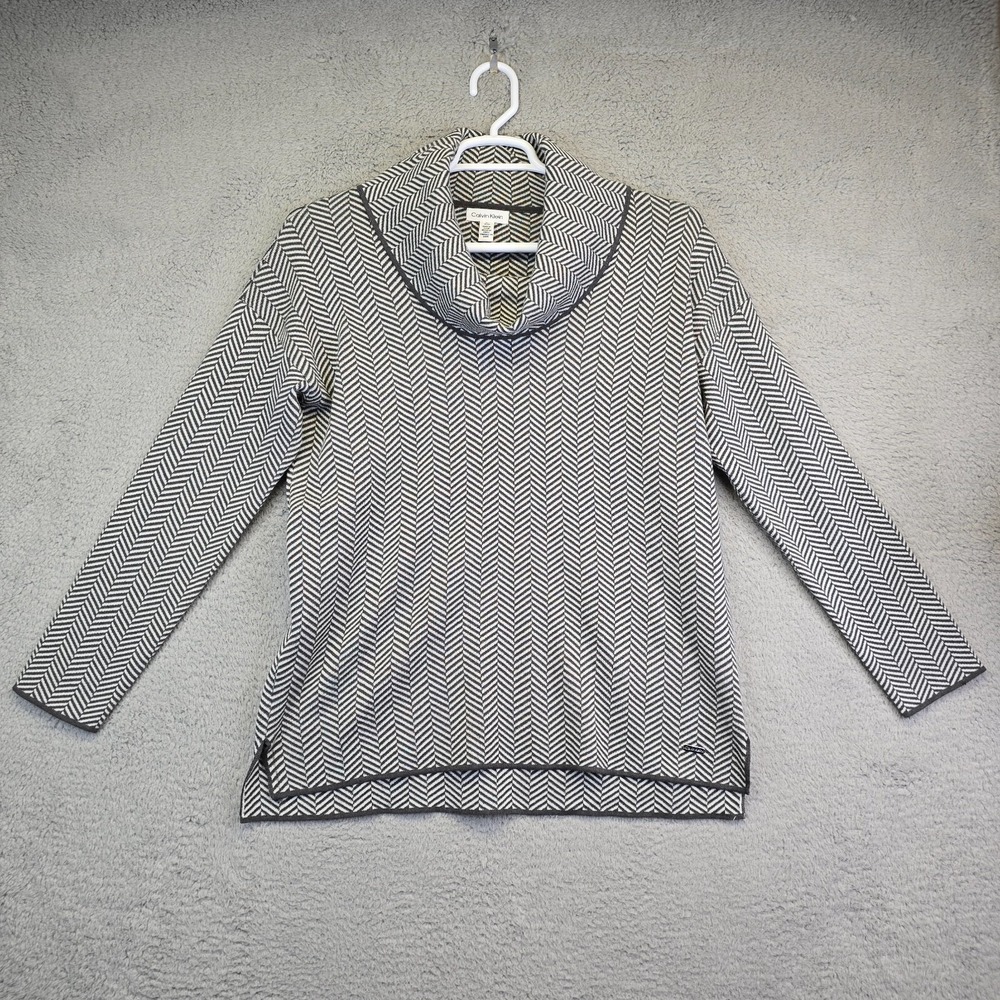 Calvin Klein Sweater Women's Medium Gray Herringbone Cowl Neck Knit Academia